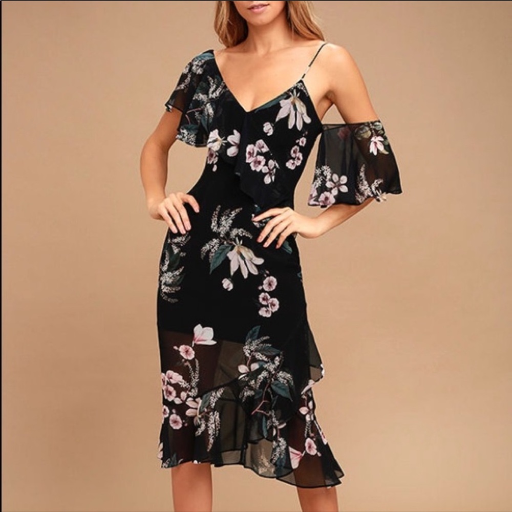 Keepsake Cosmic Girl Black Floral Print Midi Dress